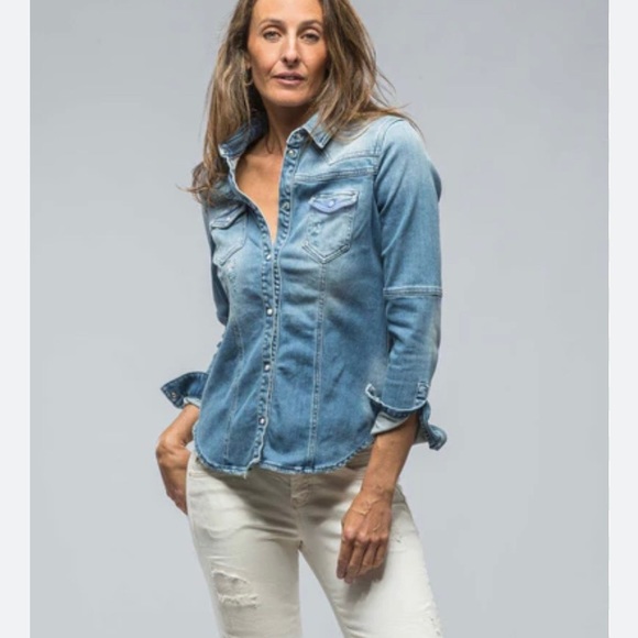 ecru Tops - ECRU Denim Fitted Collar Shirt in Light Blue Was